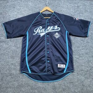 True Fan Tampa Bay Rays MLB Baseball Jersey Mens Large Navy Blue Button Front